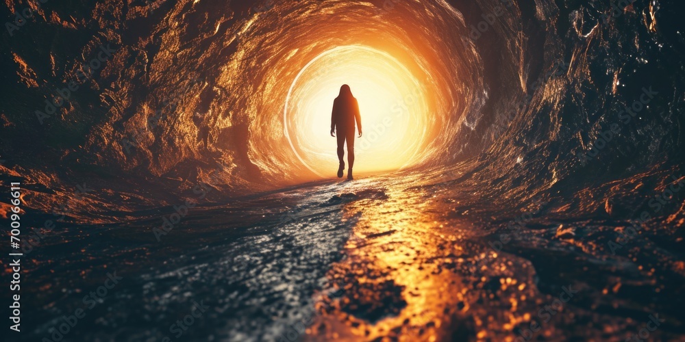 Poster A person standing in a tunnel with a light shining at the end. Suitable for concepts related to hope, journey, and overcoming obstacles