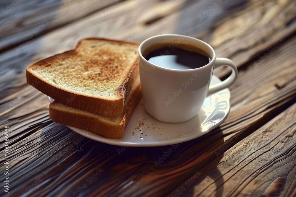 Poster a simple breakfast plate with a cup of coffee and a piece of toast. perfect for showcasing a cozy mo