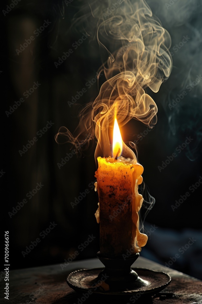 Poster a lit candle with smoke coming out of it. can be used for various occasions and themes