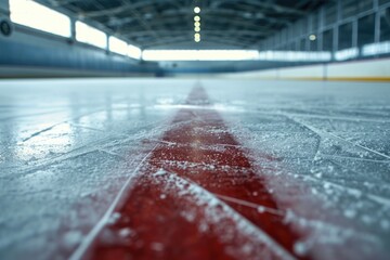 A hockey rink with a red line painted on the ice. Ideal for sports-related designs and publications