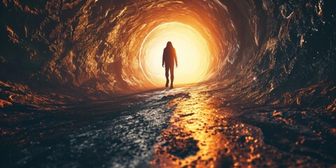 A person standing in a tunnel with a light shining at the end. Suitable for concepts related to hope, journey, and overcoming obstacles - obrazy, fototapety, plakaty