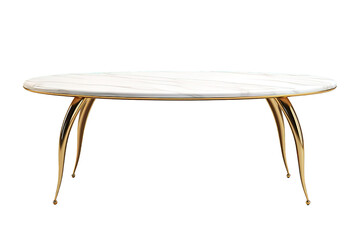 Loft-style kitchen table with round light stoneware countertop and golden squared rectangular steel legs isolated on PNG Background. Generative Ai.