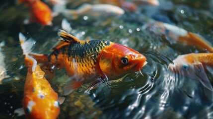 A group of koi fish gracefully swimming in a serene pond. Perfect for adding a touch of tranquility to any project or design