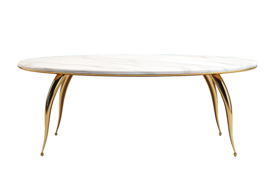 Loft-style kitchen table with round light stoneware countertop and golden squared rectangular steel legs isolated on PNG Background. Generative Ai.