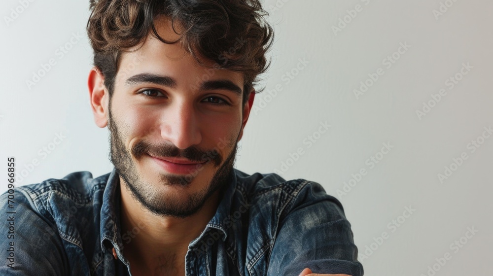 Poster a man with curly hair and a beard smiling at the camera. suitable for various uses