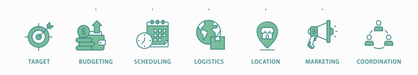 Event management banner web icon vector illustration concept with icon of target, budgeting, scheduling, logistics, location, marketing, and coordination