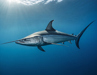 Fototapeta premium Majestic swordfish swimming gracefully in deep blue ocean