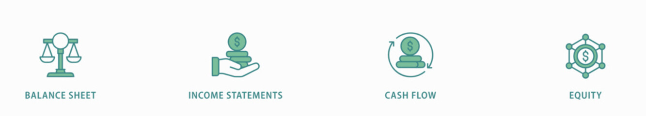 Financial statements banner web icon vector illustration concept with icon of graph, balance sheet, pie chart, income statements, money, calculator, income, earning, cash flow, equity, and balance