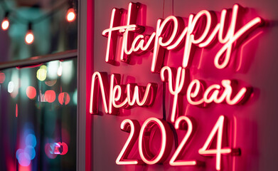 2024 Illuminated Neon Sign. Neon sign that reads Happy New Year 2024 in cursive font.