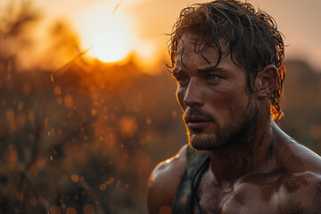 Sunset Adonis: Portrait of Young, Attractive, Muscular Man in Twilight - obrazy, fototapety, plakaty