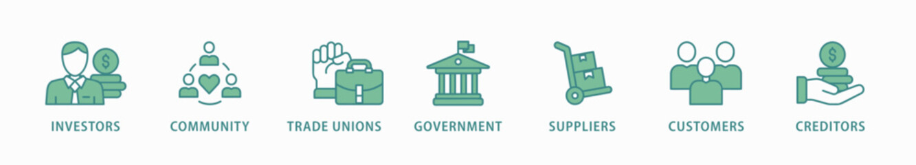 Stakeholder relationship banner web icon vector illustration concept for stakeholder, investor, government, and creditors with icon of community, trade unions, suppliers, and customers