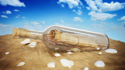 Fototapeta premium Message in a bottle standing on the beach sand. 3D illustration