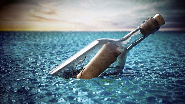 Message in a bottle at the sea. 3D illustration