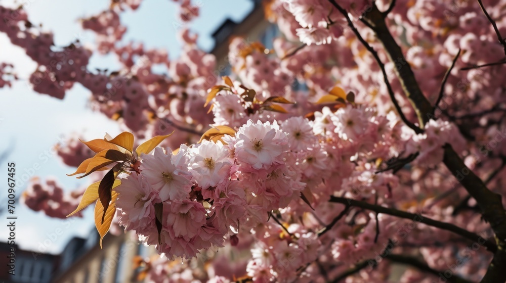 Poster a picture of a tree with pink flowers in front of a building. this image can be used to depict natur