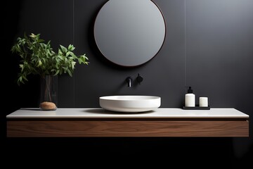 A modern classic minimalist washroom featuring a floating vanity, a round mirror, and a sleek faucet, creating a harmonious and visually pleasing space.