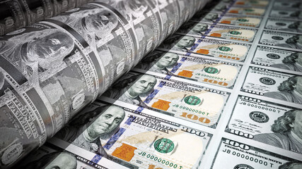 Money printing machine printing 100 dollar banknotes. 3D illustration - obrazy, fototapety, plakaty