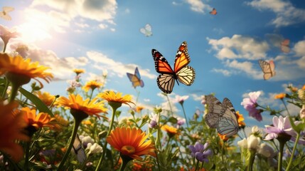The first butterflies fluttering over a clearing with spring flowers. - 700967658