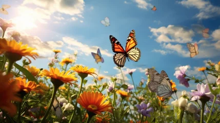 Fotobehang The first butterflies fluttering over a clearing with spring flowers. © brillianata