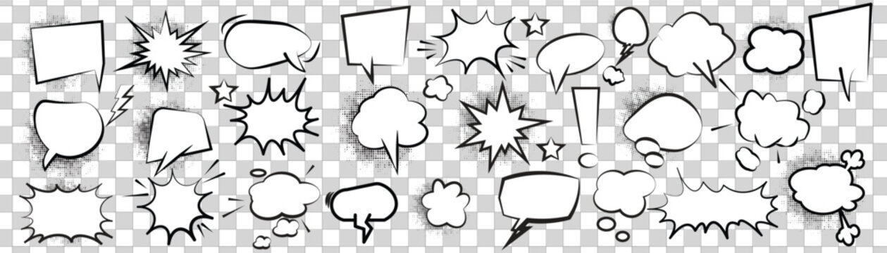 30 retro sketch speech bubble icon set. Cartoon pop art bubbles with black shadow lines. Vector design.