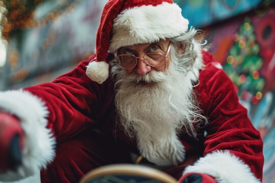 A man dressed in a Santa Claus suit holding a skateboard. This image can be used for Christmas-themed designs or advertisements