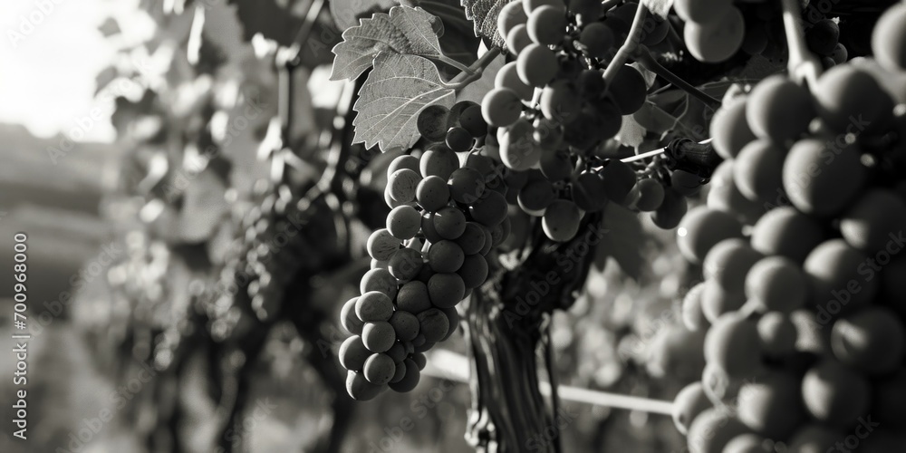 Poster a cluster of grapes hanging from a vine. this image can be used to showcase the beauty of nature or 