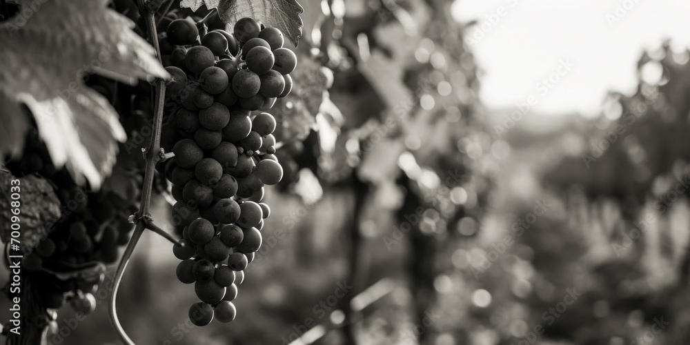 Poster a cluster of grapes hanging from a vine, ready to be harvested. ideal for use in food and beverage a