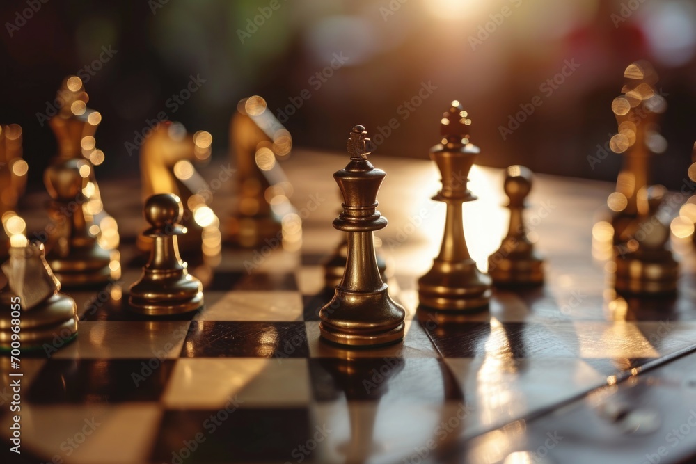 Poster A detailed close-up view of a chess board filled with multiple chess pieces. This image can be used to depict strategic thinking, competition, or the game of chess itself
