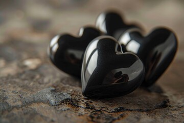 A couple of black hearts sitting on top of a wooden table. Perfect for Valentine's Day decorations or expressing love and affection