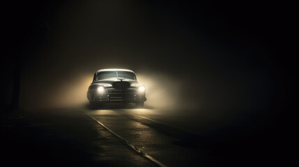 The light of a car headlights breaking through the fog