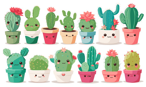 Set of cactus. Many vector of a cute kawaii cactus. Beautiful Plants