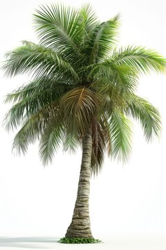 A simple and elegant image of a single palm tree against a white background. Perfect for tropical themes or beach-related designs