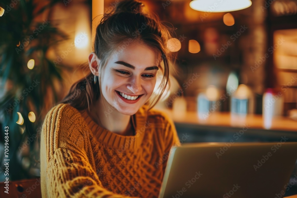 Poster a woman sitting at a table using a laptop computer. suitable for illustrating technology, remote wor