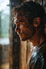 Raindrop Radiance: Wet Portrait of Young, Attractive, Muscular Man