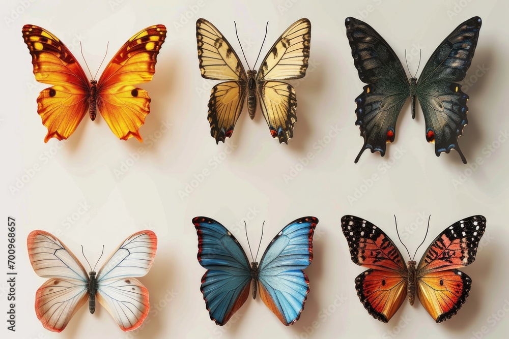 Poster a group of different colored butterflies resting on a white surface. perfect for nature-themed proje