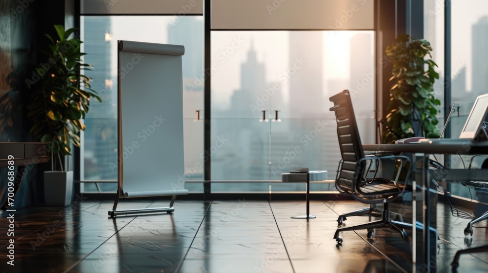 Poster a room featuring a functional workspace with a desk, chairs, and a laptop. ideal for illustrating co