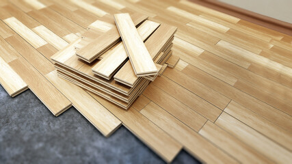 3D illustration of parquet installation process. 3D illustration