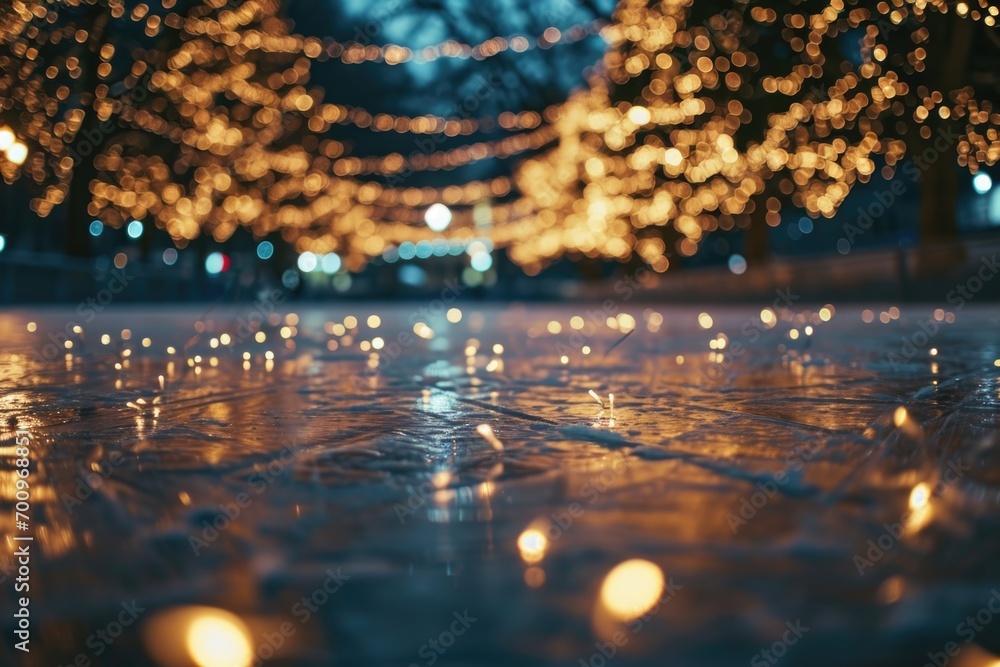 Poster A wet surface with lights in the background. Suitable for various projects
