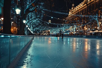 A person gracefully glides across an ice rink under the night sky. This image can be used to depict the joy of winter activities or the beauty of nighttime recreation