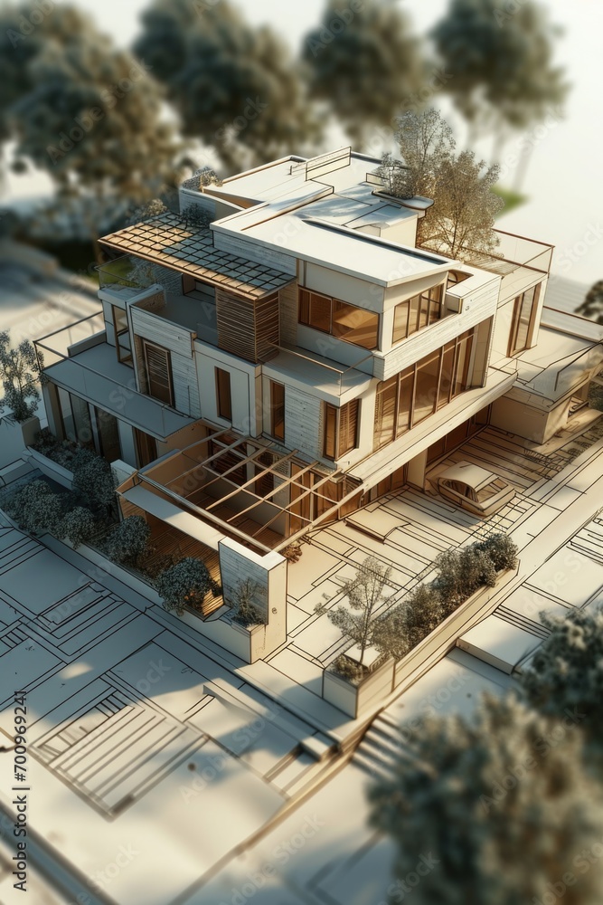Poster a detailed model of a house placed on top of a blueprint. perfect for architectural projects and rea