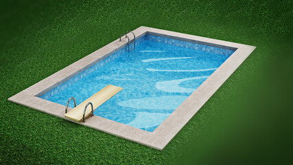 Generic swimming pool with surrounding grass. 3D illustration