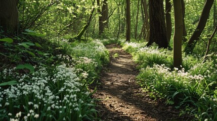 A scenic path through a forest adorned with beautiful white flowers. Perfect for nature lovers and outdoor enthusiasts