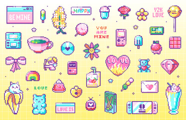 Pixel Art Y2K Love Geek Sticker Set. 8bit Cute Retro Game Elements - Sweets, Consoles, Gifts, Flowers, Animals, Desserts, Cupid, Valentine'd Day Stuff. Vector graphic for decorations, print patterns.	