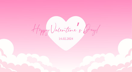 Valentine's Day 2024 Celebration Banner. Heart-Shaped Love and Romance Theme with Pink Clouds and Skyline.