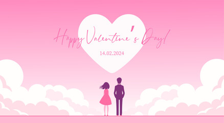 Valentine's Day Poster with Couple Silhouette. Heart and Clouds on Pink Background. Romantic Celebration Design.