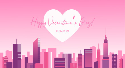 Happy Valentine's Day Celebration Poster. Love and Cityscape with Heart Silhouette on Pink Sky. Vector Illustration.