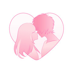 Silhouette of a Boy and a Girl Kissing Inside a Heart Shape. Anime Style, Outline of the Silhouette, Modern Gradient Illustration for Printing, Decoration, and Design for Valentine's Day.
