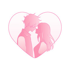 Couple Silhouette in Heart Shape, Love and Romance Concept, Cute Gradient. Anime Style Modern Vector for Logo, Card, Invitation, Poster Design. Valentine Day and Wedding Decorative Print.