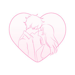 Couple Silhouette in Heart Outline, Love and Romance Concept, Minimalist Line Art. Anime Style Modern Vector for Logo, Card, Invitation, Poster Design. Valentine Day and Wedding Decorative Print.