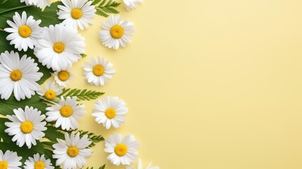 Yellow background with chamomile frame and copy space. Flat layer, top view.