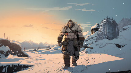 concept art of barbarian with club travelling the snow lands - obrazy, fototapety, plakaty